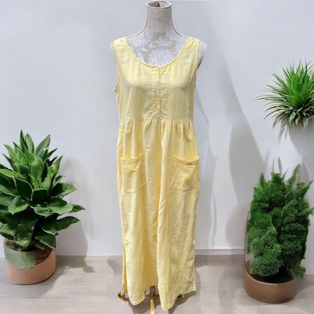 Vtg SITA Butter Yellow Sundress M Cotton Cottage Cabin Boho Plaid Texture Pocket
